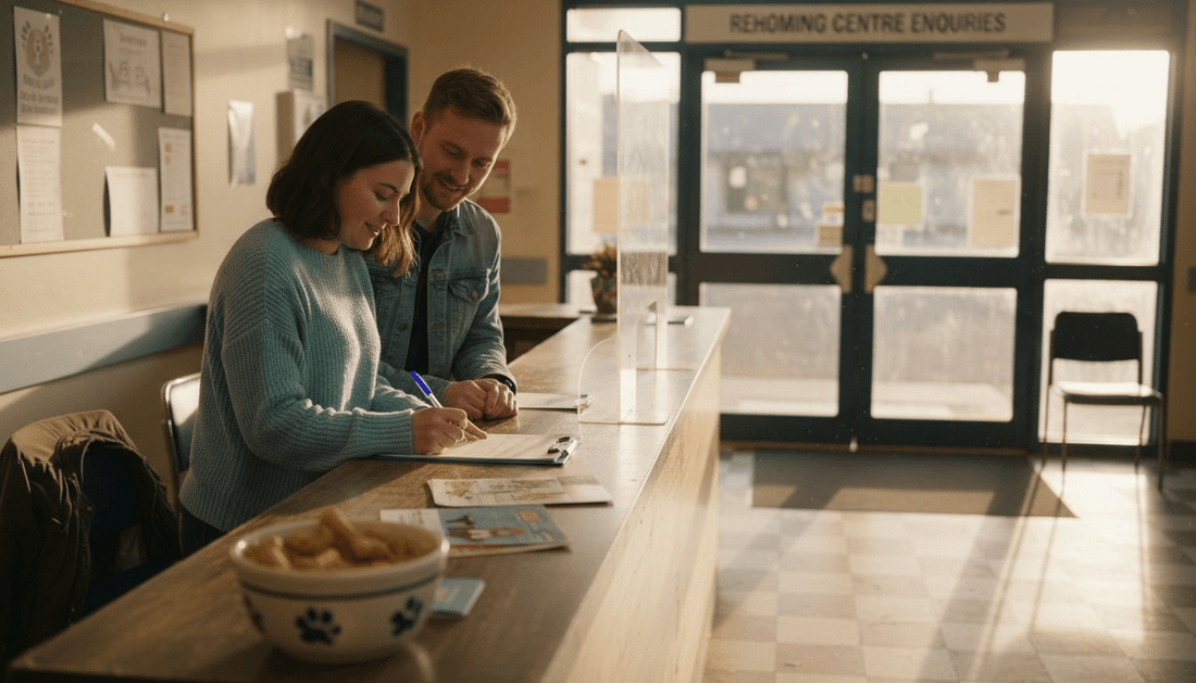Couple adopting pet at shelter lobby
