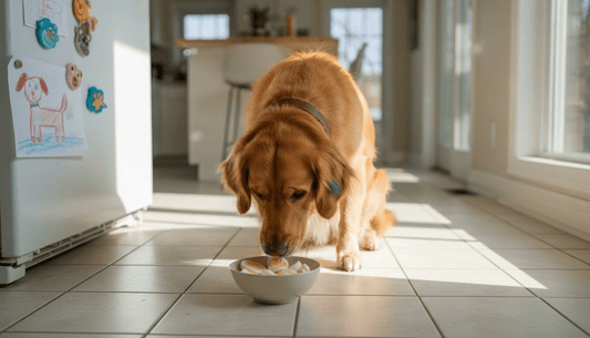 Dog sniffing cooked eggs in kitchen bowl