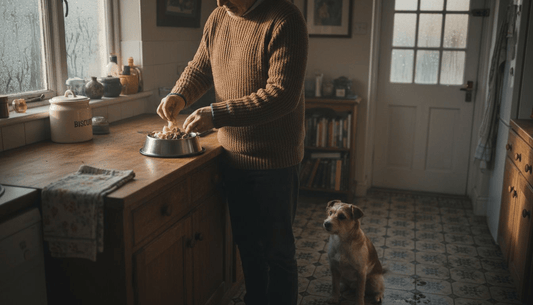 Dog owner making BARF meal in UK kitchen