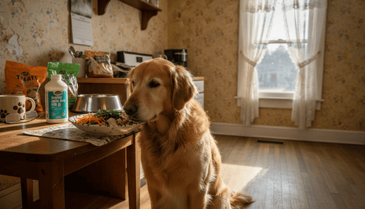 Golden retriever eating nutritious homemade meal