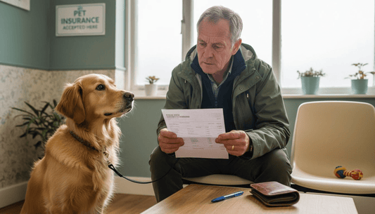 Dog owner reviewing vet bill in UK clinic waiting area