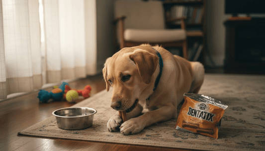 Labrador chewing dental treat in living room