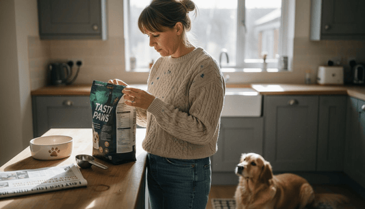 Dog owner reading dog food label