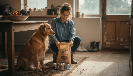 Happy dog waits for grain-free food
