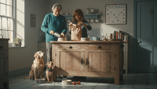 Dog owners preparing breed-specific meals