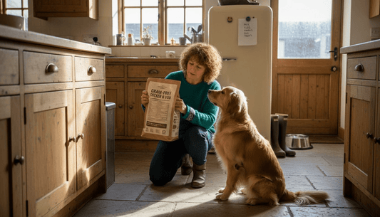 Dog owner checks grain-free dog food label