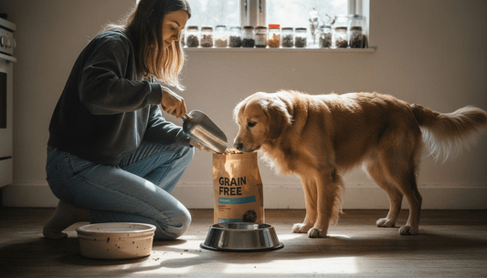 Dog owner prepares grain free food in kitchen