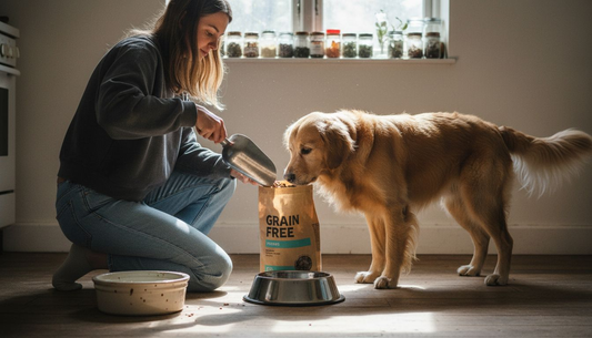 Dog owner prepares grain free food in kitchen