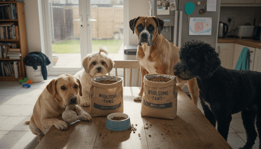 Four dogs waiting for grain free food