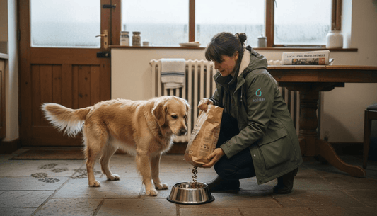 Pet owner feeding grain-free dog food in kitchen