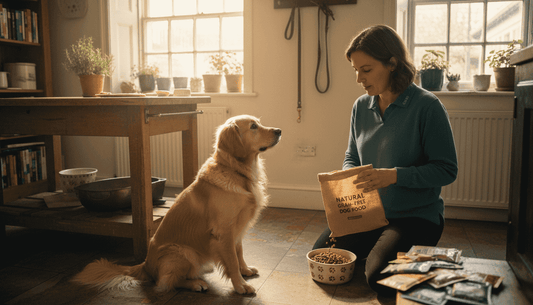 Dog watching owner prepare natural food in kitchen