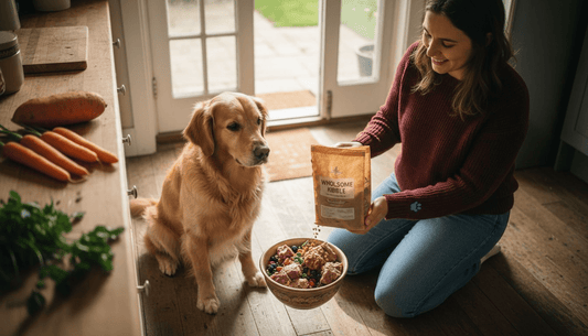 Dog eating natural food in kitchen