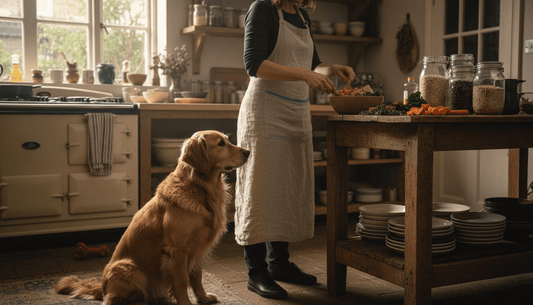 Dog waiting as owner prepares organic meal