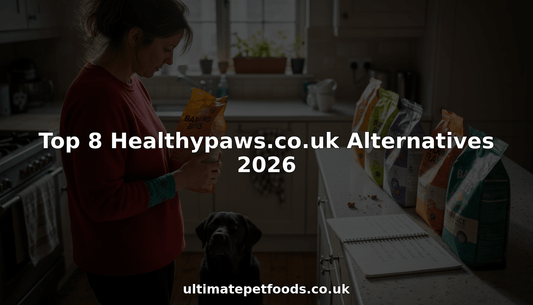 Woman comparing dog food brands at home