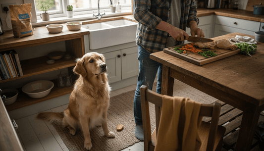 Dog and owner preparing grain-free meal