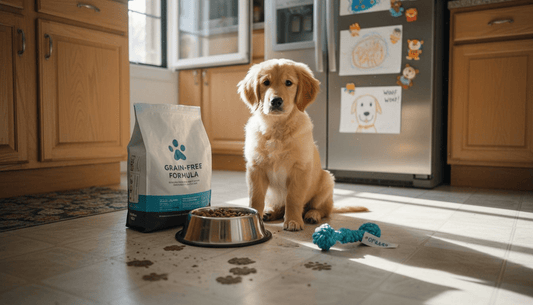 Golden retriever puppy next to grain-free dog food