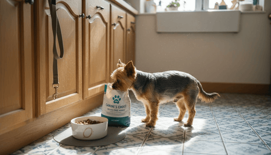 Yorkshire Terrier with grain-free dog food in kitchen