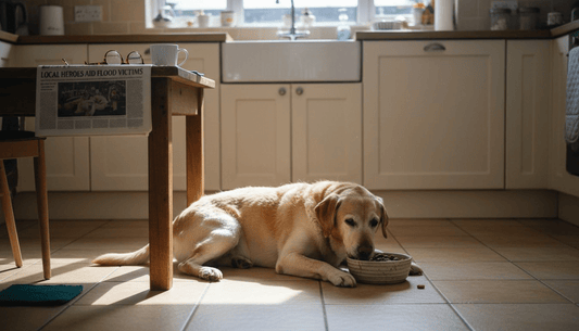 Senior Labrador eating next to kitchen table