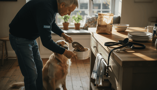 Golden retriever eagerly waits for natural dog food