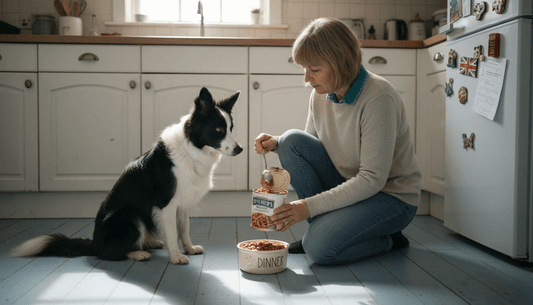 Woman serves real meat dog food to collie