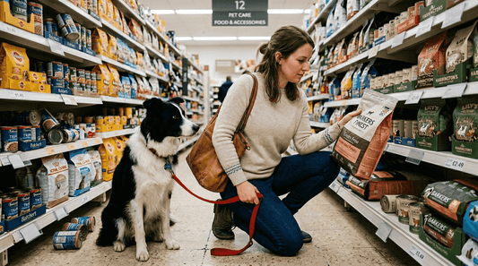 Dog owner selecting grain-free dog food