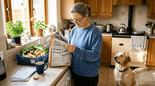 Dog owner checking all life stages dog food label