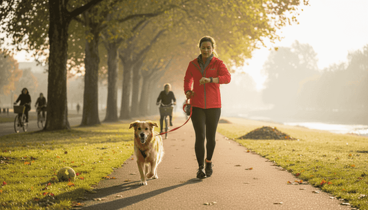 Dog and owner jogging in city park