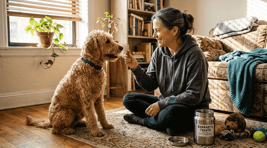Woman and dog with grain-free treats at home