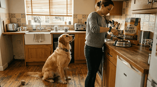 Dog watches owner pouring premium food