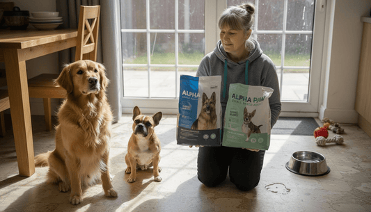 Woman comparing food for two dog breeds
