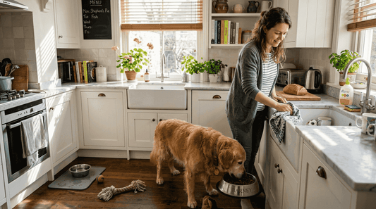 Golden retriever eating in bright home kitchen