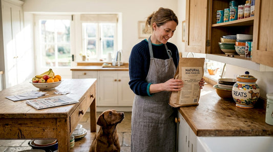 Woman choosing natural dog food in kitchen with dog