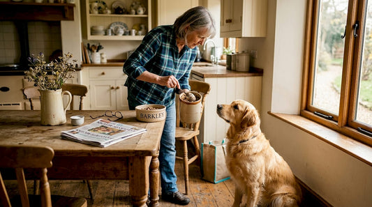 Woman feeding natural dog food to golden retriever