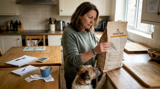 Woman checking dog food label in kitchen