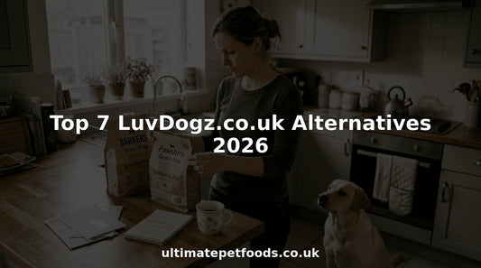 Woman comparing grain-free dog food with Labrador