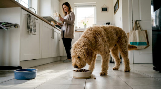 Dog investigates grain-free kibble in a kitchen