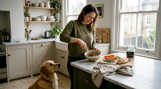 Owner preparing fresh pet food for dog