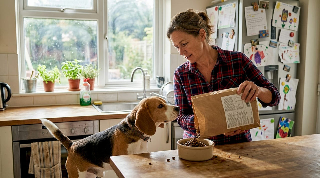 Dog owner checks label pouring dog food