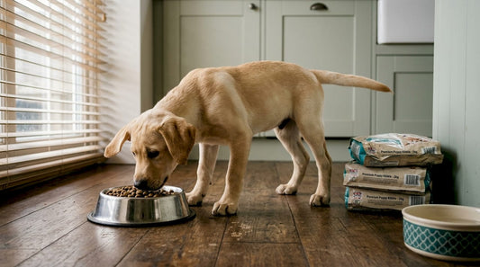 Labrador puppy sniffing food bowl in kitchen