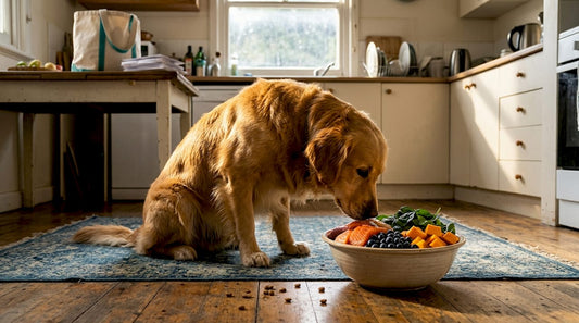Dog sniffing bowl of vibrant superfoods