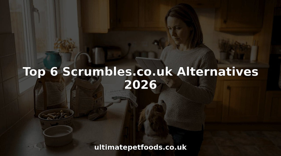 Dog owner comparing pet food options in home kitchen