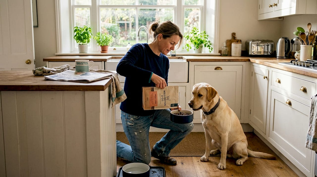 Dog owner feeding Labrador in sunlit kitchen