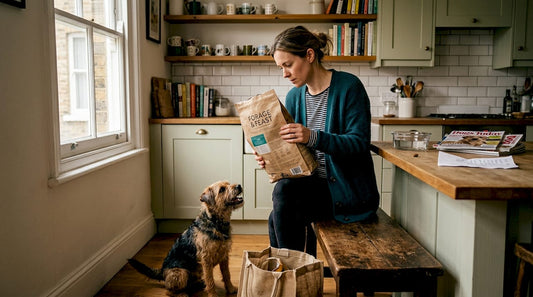 Owner reading premium dog food label in kitchen