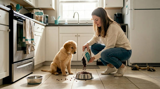 Puppy watching bowl filled with grain-free food