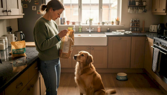 Woman checks dog food bag ingredients in kitchen