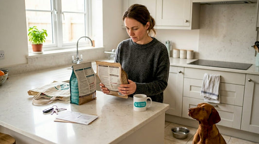 Woman comparing dog food packages in kitchen