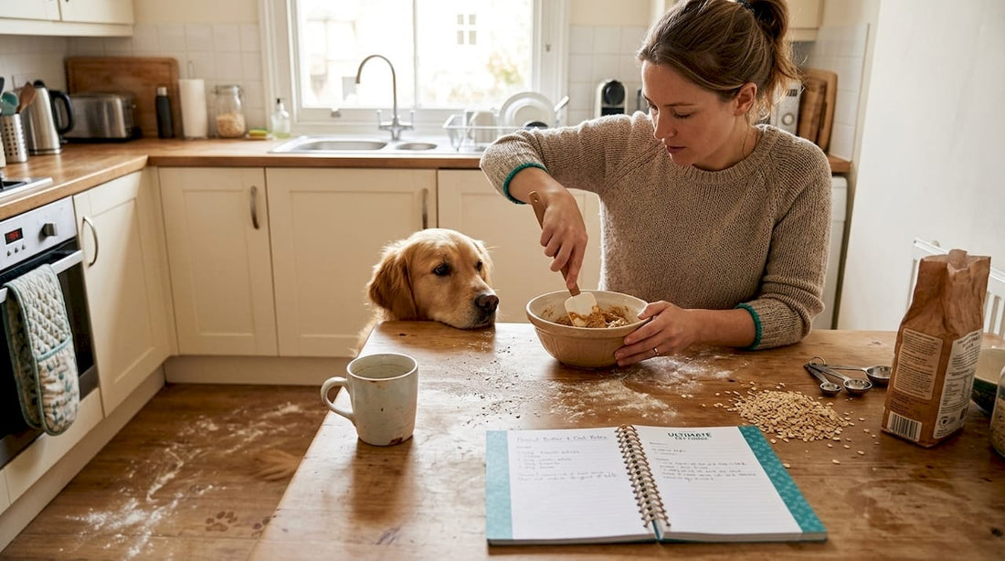 Woman making dog treats with dog watching