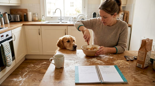 Woman making dog treats with dog watching