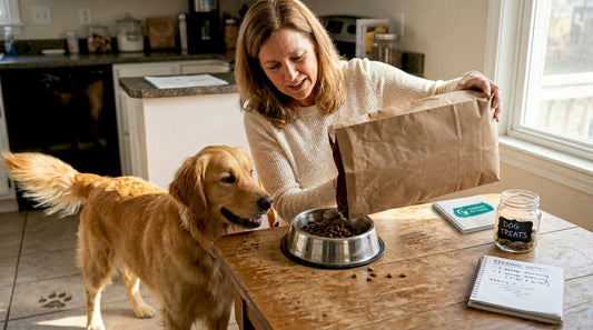 Woman feeds dog holistic food in home kitchen