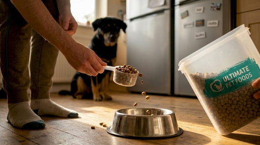 Dog waiting as owner prepares food in kitchen